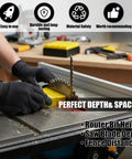 Pro Level 28 Piece Woodworking Setup Blocks With Precision Spacer Gauges For Table Saws And Routers Includes Heavy Duty Storage Crate in use with saw blade and gauge blocks.