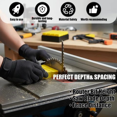 Pro Level 28 Piece Woodworking Setup Blocks With Precision Spacer Gauges For Table Saws And Routers Includes Heavy Duty Storage Crate in use with saw blade and gauge blocks.