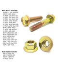 Heavy Duty Grade 8 Flange Bolt And Lock Nut Kit With Yellow Zinc Finish, showing various bolt and nut sizes with chart