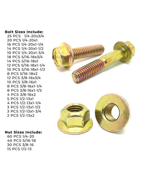 Heavy Duty Grade 8 Flange Bolt And Lock Nut Kit With Yellow Zinc Finish, showing various bolt and nut sizes with chart