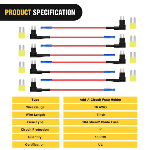 10 Pack Micro 2 Fuse Tap 12V Car Add A Circuit ATR Blade Adapter With 20A Fuses Holder; specifications with red wires