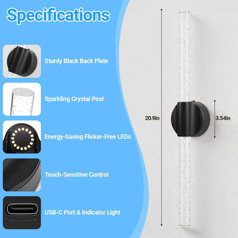 Black Battery Operated Wall Sconces Set of 2 Peel and Stick on, 20.9" showcasing specifications like a sturdy back plate and energy-saving LEDs.