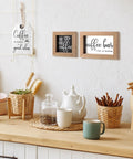 Three Piece Coffee Bar Decor Signs Set But First Coffee Wood Signs For Farmhouse Kitchen And Bar Tray Display Coffee Bar Love Is Brewing And Coffee Is Always A Good Idea Wall Shelf And Tabletop Decor displayed on wall above kitchen counter.