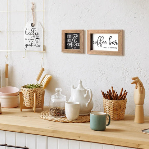 Three Piece Coffee Bar Decor Signs Set But First Coffee Wood Signs For Farmhouse Kitchen And Bar Tray Display Coffee Bar Love Is Brewing And Coffee Is Always A Good Idea Wall Shelf And Tabletop Decor displayed on wall above kitchen counter.