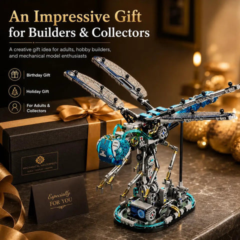 Dragonfly Mechanical Building Blocks Kit With 866 Pieces, Insect Mech Model With Dope Movable Wings, Display Stand, STEM Build Project For Adults, Home Office Decor And Gift Idea on stand