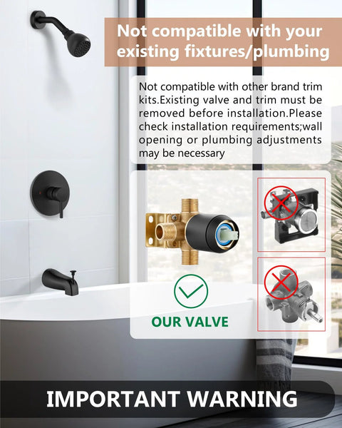 Installed matte black tub/shower faucet set with wall-mounted shower head, single-handle valve, and tub spout