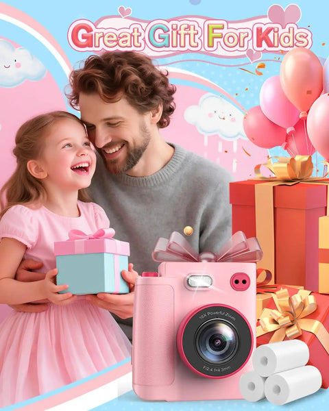 Kids Camera Instant Print 1080P HD Digital Cam For Ages 3 To 12 Boys And Girls, pink camera with gift boxes and paper rolls