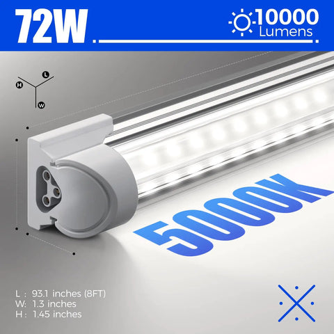 Eight Foot LED Shop Light Bar 72W 10000 Lm 5000K Daylight White V Shape Clear Cover High Output Linkable T8 Tube Light For Garage Plug Pack Of 10 Easy Install