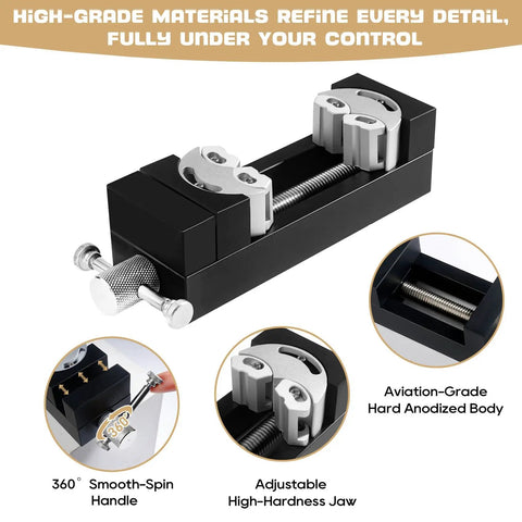 Mini Smart Fractal Drill Press Vise With Dual Jaw Design for any shape, showing adjustable jaws and aviation-grade body.