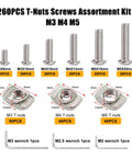 260 Piece T Nuts And Screws Kit For M-LOK And 2020 Aluminum Profiles with M3, M4, M5 sizes and hex wrenches displayed against white background