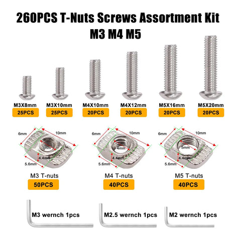260 Piece T Nuts And Screws Kit For M-LOK And 2020 Aluminum Profiles with M3, M4, M5 sizes and hex wrenches displayed against white background