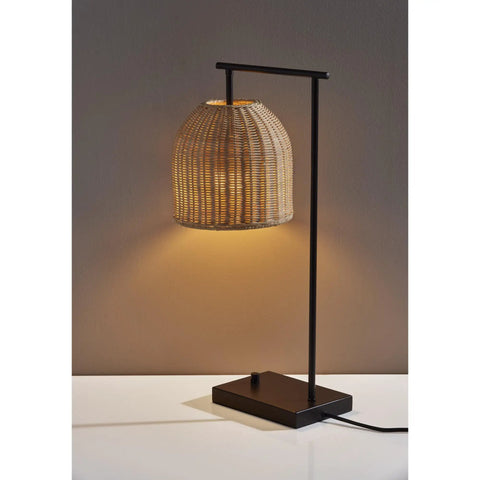 Bahama Table Lamp With Dark Bronze Finish For Warm Coastal Modern Vibes, showing a 24.5in height and rattan basket shade on white surface.