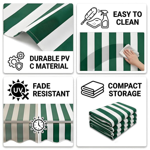 Four images showing Replacement Cover For Patio Awning PVC Weather Protection Retractable Sunshade Canopy Cloth features and benefits.