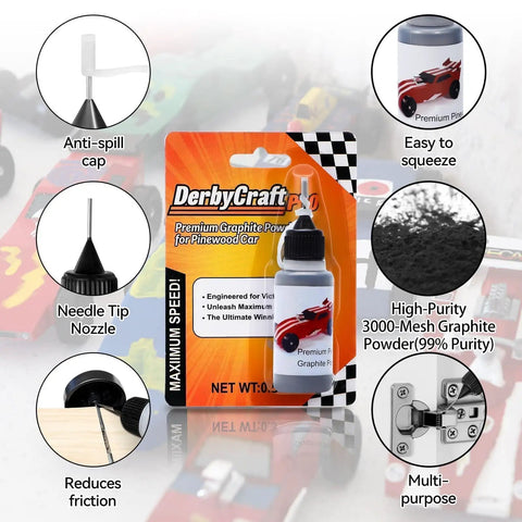 Ultra Fine Graphite Powder for Pinewood Derby Cars Half Ounce with Precision Needle Tip Applicator 3000 Mesh 99 Percent Purity