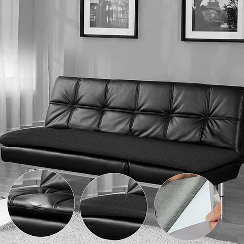 Leather Repair Patch 24 By 54 Inch Self Adhesive Leather Tape Large Vinyl Patch Kit For Couches Car Seats Chairs And Furniture Black Durable Scratch Resistant Waterproof Go To Quick Fix applied on a black couch.