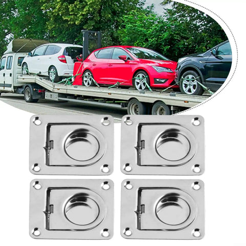 Heavy Duty Stainless Steel Flush Mount D Rings Anchors for securely holding cargo on a trailer with cars.