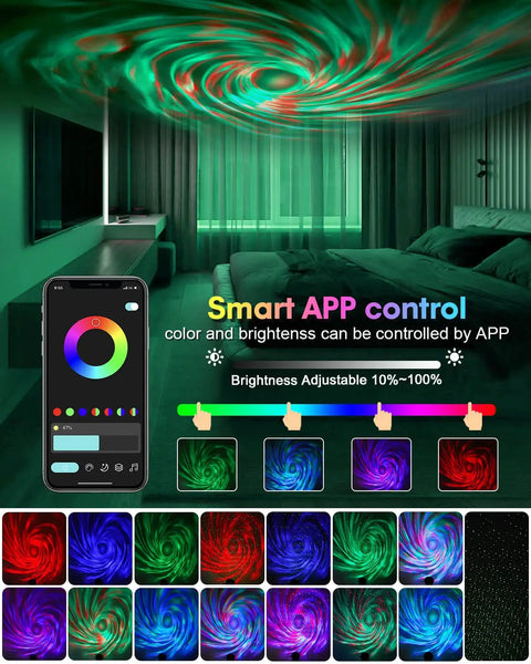 Galaxy Star Projector Night Light With App Remote Dope Nebula Sky Projection for Bedroom showcasing app-controlled colors.