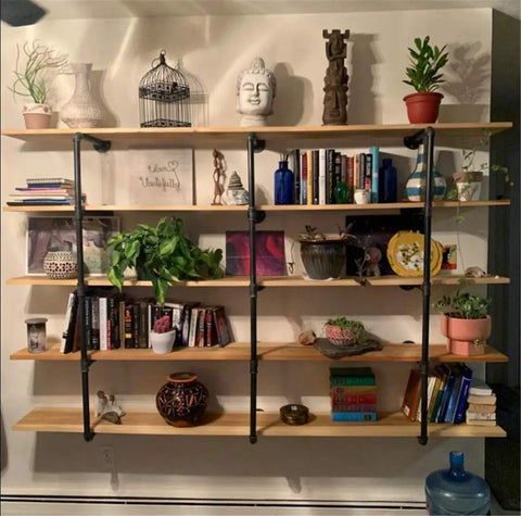 Industrial Iron Pipe Shelf Kit With 5-Tier Wall Mount Brackets, 56 Inch Tall, 12 Inch Deep Black Open Shelving With Décor