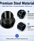 4 Pack Thread Protector Kit 1/2-28 To 5/8-24 Thread Reducer With Crush Washers And Sealing Washers Includes 4 Black Steel Adapters And Replacement Washers For Worn Or Damaged Threads. Black steel thread adapter close-up