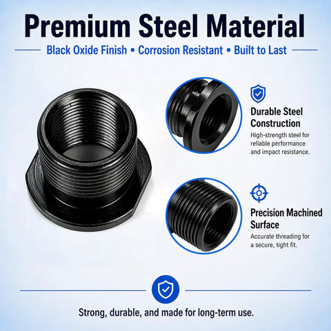 4 Pack Thread Protector Kit 1/2-28 To 5/8-24 Thread Reducer With Crush Washers And Sealing Washers Includes 4 Black Steel Adapters And Replacement Washers For Worn Or Damaged Threads. Black steel thread adapter close-up