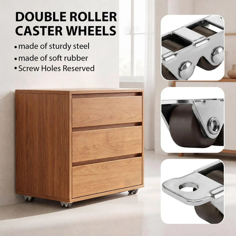 Heavy Duty Low Profile Caster Wheels 12 Piece Kit With Screws Rock Solid Double Roller Bearings For Home Furniture That Moves Like Butter And Is Totally Effortless To Install on a drawer cabinet.