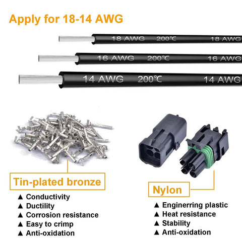 Waterproof 2 Pin Automotive Connector Kit 20 Sets For 18 14 AWG Wiring DIY Friendly Includes Male And Female Terminals With Silicone Seal Weather Pack Style Electrical Connectors For Cars Trucks Boats And More with tin-plated bronze terminals and nylon connectors