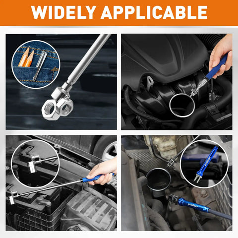 Heavy Duty 4 In 1 Magnetic Pick Up Tool Kit With Flexible Claw Grabber And 360 Degree Inspection Mirror For Getting Groceries Or Garage Items In Tight Spots Without Bending Over. shown reaching engine and car parts