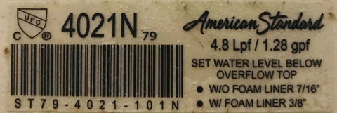 American Standard tank label with model number 4021N and water level instructions for Cadet 3 Toilet Tank Lid Replacement For Two Piece Toilets White 12 Inch Rough In Fits Models 2386 2383 2384 1 Pack Durable Drop In Replacement For Easy Install