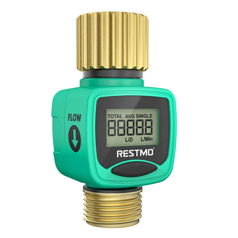 Heavy Duty Brass Inlet And Outlet Water Flow Meter With LCD Readout for Garden Hose, RV, Lawn Sprinkler, Front View