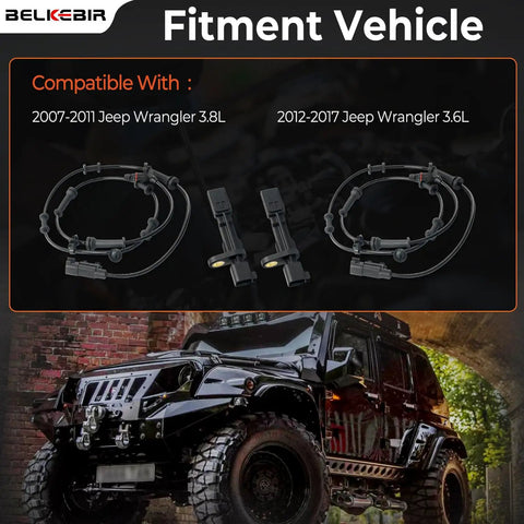 4Pc Abs Wheel Speed Sensor Assembly For 2007 To 2017 Jeep Wrangler Jk With 3.6 Liter Or 3.8 Liter Engines showing compatibility details.