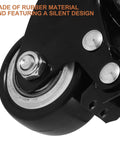 Close-up of 2 Inch Swivel Caster Wheels With Side Mount Hardware Glides Smooth As Butter For Cabinets Drawers And Shop Carts Quiet Polymer Rollers Built Tough To Last, showing black rubber material and silent design.