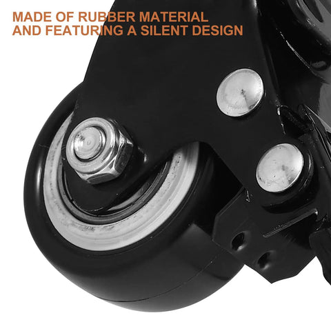 Close-up of 2 Inch Swivel Caster Wheels With Side Mount Hardware Glides Smooth As Butter For Cabinets Drawers And Shop Carts Quiet Polymer Rollers Built Tough To Last, showing black rubber material and silent design.