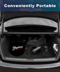 Portable Level 1 And 2 EV Charger For J1772 Electric Vehicles Three Point Five Kilowatt Sixteen Amp Plug And Go Digital Timer Control Smooth Operator in car trunk.