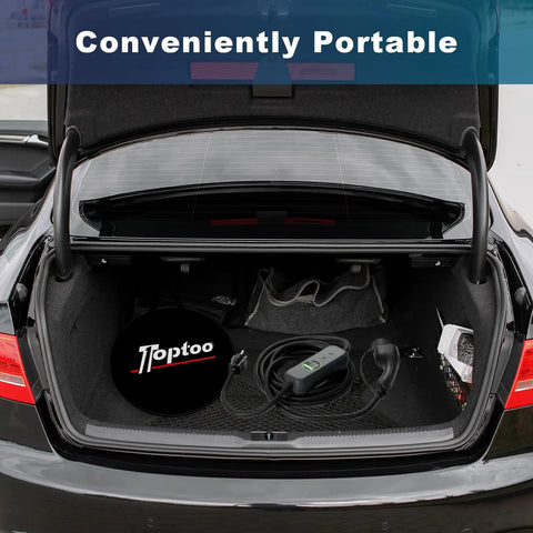 Portable Level 1 And 2 EV Charger For J1772 Electric Vehicles Three Point Five Kilowatt Sixteen Amp Plug And Go Digital Timer Control Smooth Operator in car trunk.