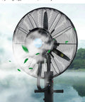 Keep The Vibe Cool With This Quiet Oscillating Standing Fan Featuring A Built In Mist Sprayer And Three Speed Settings For Bedrooms Living Rooms Or Tight College Dorm Spaces, showing spray type industrial fan with mist.