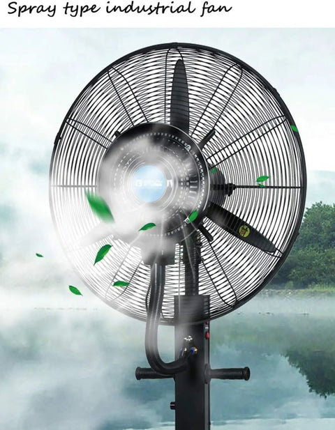 Keep The Vibe Cool With This Quiet Oscillating Standing Fan Featuring A Built In Mist Sprayer And Three Speed Settings For Bedrooms Living Rooms Or Tight College Dorm Spaces, showing spray type industrial fan with mist.