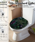 Round Intricate Dragonfly Green Foliage Purple Flowers Toilet Seat on standard toilet in modern bathroom setting.