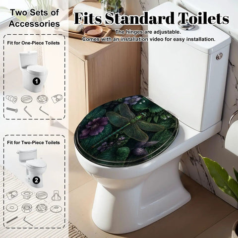 Round Intricate Dragonfly Green Foliage Purple Flowers Toilet Seat on standard toilet in modern bathroom setting.