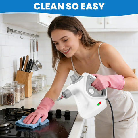 No Sweat Handheld Steam Cleaner For Home being used on kitchen stove by woman wearing pink gloves, portable and fast heating.