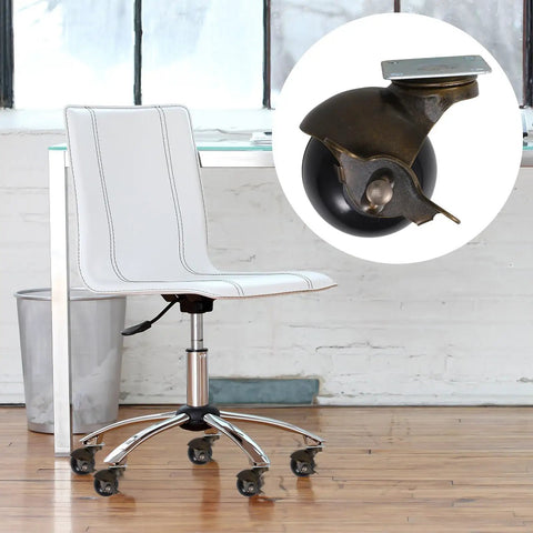 Four 4 Inch Antique Bronze Swivel Casters With Locking Brake For Heavy Duty Tables Chair Legs providing smooth glide on a white office chair.