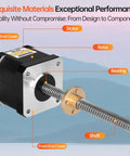 Close-up of NEMA 17 stepper motor with 100mm TR8x8 lead screw for 3D printers and CNC DIY, labeled parts visible