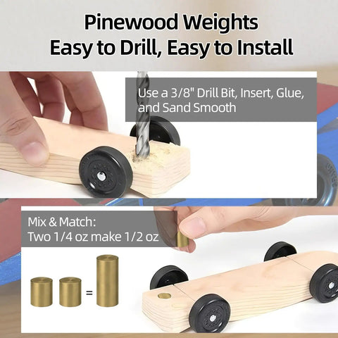 Copper Pinewood Derby Weights Kit Must Have With Three Sizes One Quarter Ounce One Eighth Ounce One Sixteenth Ounce Four Point Five Ounces Plus Graphite Powder Lubricant Anti Tarnish Coated For Derby Car Wheels And Axles installation