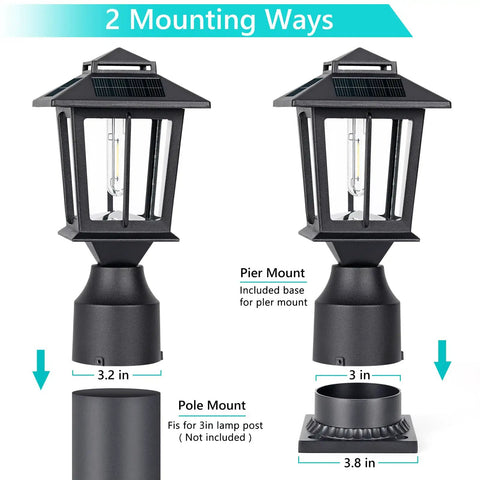Metal Solar Post Lights 2 Pack Solar Post Cap Lights for Fence Deck Garden Yard Patio Porch Outdoor Decor No Fuss Warm White Bright LED Filament Bulbs Cast Aluminum and Glass Shade showing two mounting options.