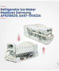 Replacement Ice Maker Assembly DA97-05422A for Samsung Fridges shown from two angles, featuring a durable white design for easy install.