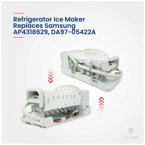 Replacement Ice Maker Assembly DA97-05422A for Samsung Fridges shown from two angles, featuring a durable white design for easy install.