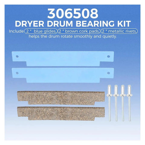 306508 dryer drum bearing kit with 2 blue glides, 2 cork pads, and 4 metallic rivets