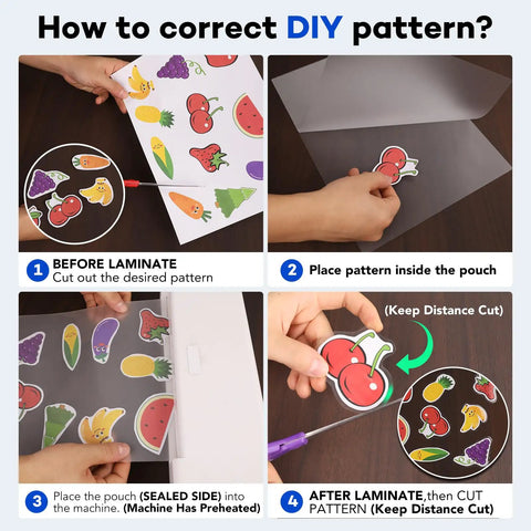 Hella Durable Thermal Laminating Pouches 300 Pack 3 Mil Full Letter Size 9 X 11 5 Inches used in DIY pattern process, showing steps.