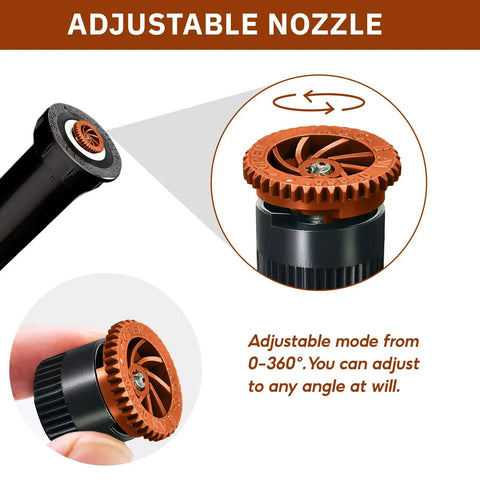 10 Pack Variable Arc Nozzles For Adjustable Pop Up Sprinkler Heads Hassle Free Yard Refresh Garden Lawn Irrigation Setup Zero To 360 Degree Spraying Total Coverage showing adjustable nozzle with 360 degree rotation.