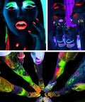 Two Pack LED Black Light Bar Set for Glow Parties illuminating neon body paint and fluorescent accessories, showcasing UV effects