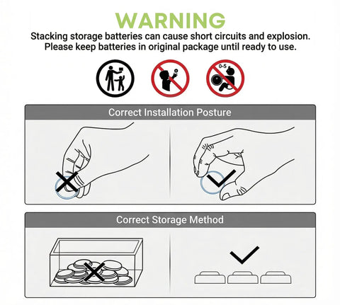 Instructional image on handling, storing Straight Up Heavy Duty Cr2032 Batteries 20 Pack 3 Volt Coin Cell Power Supply for safety.